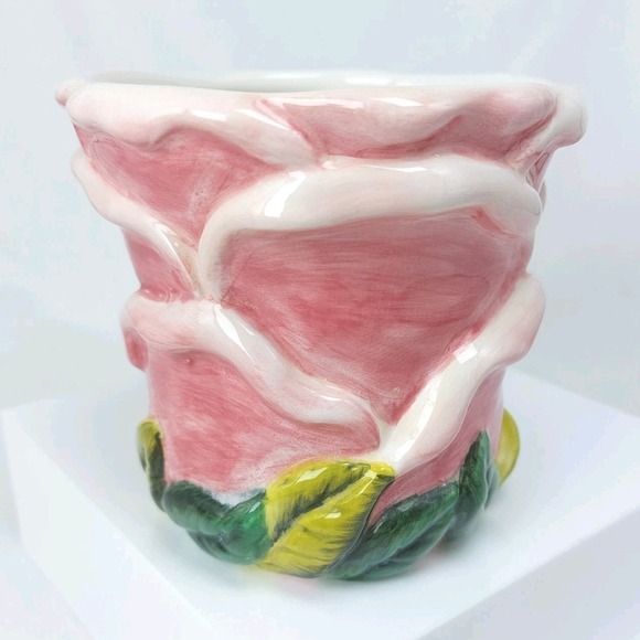 American Atelier Rose Toile Floral Petal Cup Mug Set Of 2 Pink #5232 Hand Paint - Picture 8 of 10